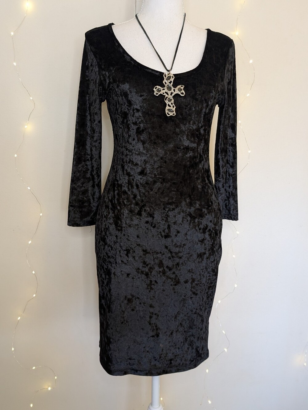 Whimsygoth Black Crushed Velvet Long Sleeve Neck Dress